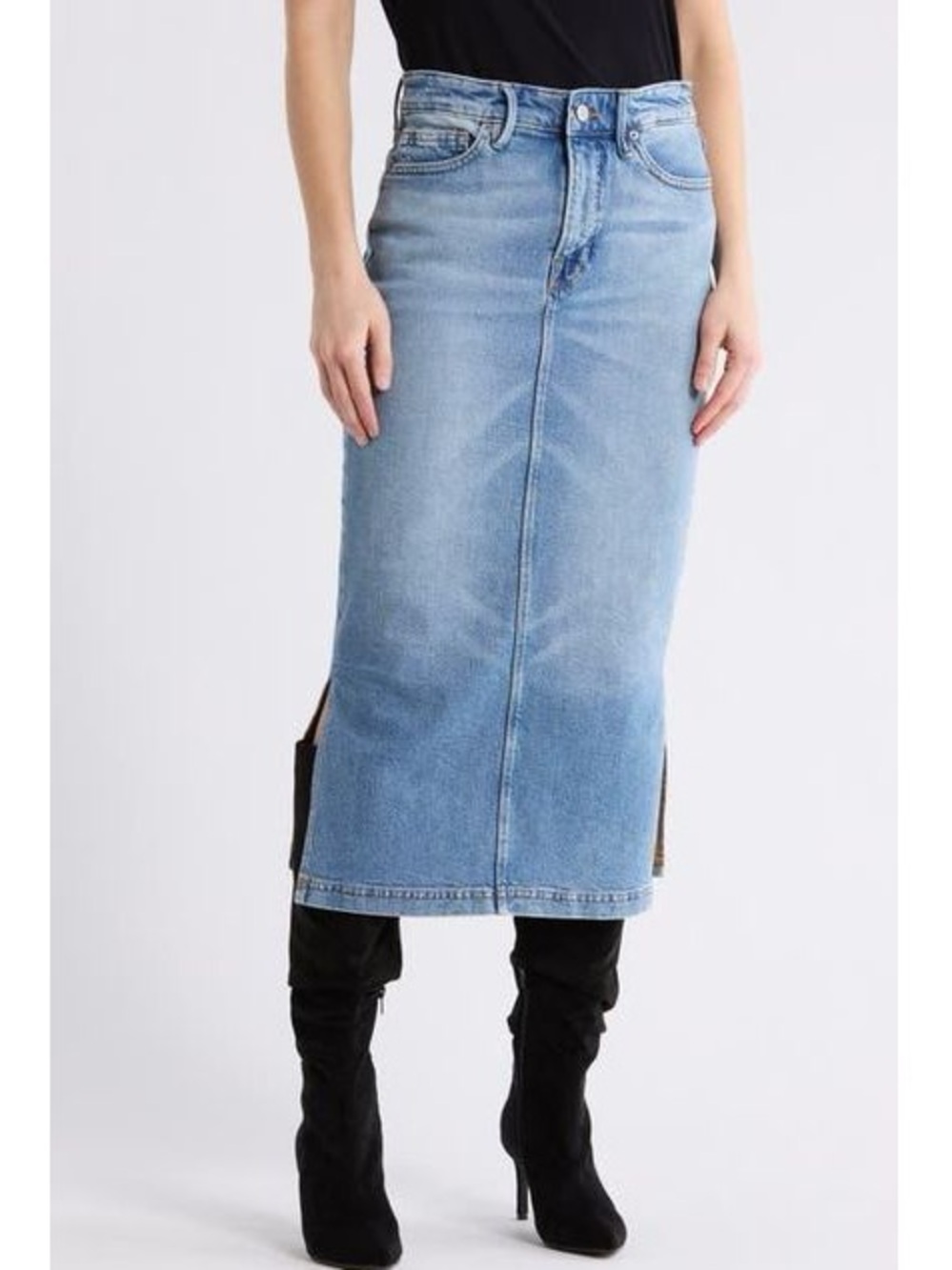 Good American Light Blue Denim Midi Skirt with Side Slits